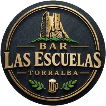Logo del Bar Las Escuelas de Torralba: la torre del pueblo en dorado sobre pizarra, con una jarra de cerveza y ramas de olivo